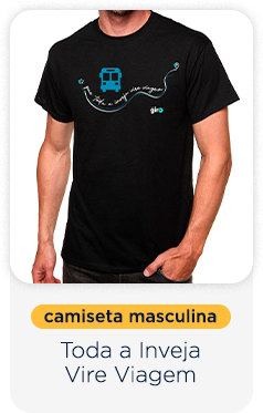 camiseta masculina com a frase "toda a inveja vire viagem" escrita